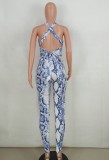 Summer Party Sexy Snake Skin Halter Bodycon Jumpsuit
