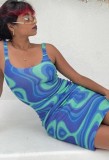 Summer Print Blue Casual Fitted Tank Dress