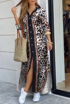 Autumn Casual Leopard Print Long Sleeve Slit Long Blouse Dress