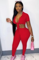 Summer Party Sexy Red Knotted Crop Top and Pants Set
