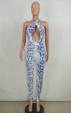 Summer Party Sexy Snake Skin Halter Bodycon Jumpsuit