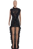 Summer Party Black Lace Sexy Front Short Back Long Ruffle Dress