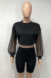 Summer Casual Black Patch Crop Top and Biker Shorts Set