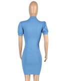 Summer Casual Blue Short Sleeves Bodycon Dress