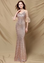 Autumn Golden Sequin Mesh Sleeves V-Neck Mermaid Evening Dress