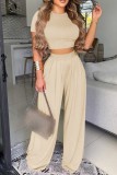 Summer Formal Khaki Crop Top and High Waist Loose Pants Set