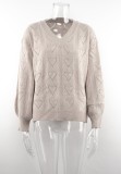 Autumn Khaki Hearts V-Neck Pullover Loose Swweater