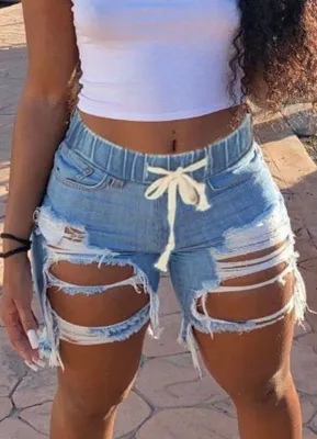Summer Blue Washed Drawstrings Damaged Denim Shorts