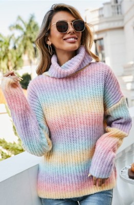 Autumn Turndown Collar Long Sleeve Raibow Pullover Sweater