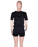 Summer Black Two Piece Fitted Hoody Short Tracksuit