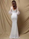 Autumn White Sequin Mesh Sleeves V-Neck Mermaid Evening Dress