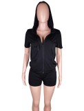 Summer Black Two Piece Fitted Hoody Short Tracksuit