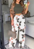 Summer Formal Print Crop Top and High Waist Loose Pants Set