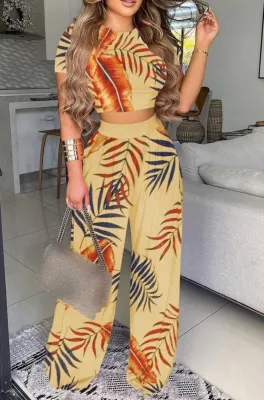 Summer Formal Print Crop Top and High Waist Loose Pants Set
