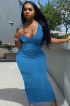 Summer Blue Sleeveless Tight Denim Dress
