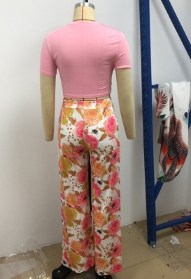 Summer Formal Print Crop Top and High Waist Loose Pants Set