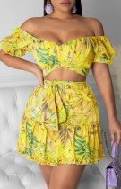 Summer Sexy Floral Yellow Crop Top and High Waist Skirt Set