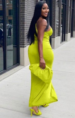 Summer Party Neon Green Cut Out Front Slit Halter Long Dress