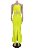 Summer Party Neon Green Cut Out Front Slit Halter Long Dress