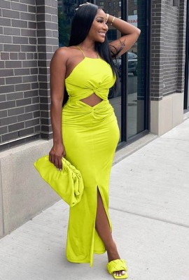 Summer Party Neon Green Cut Out Front Slit Halter Long Dress