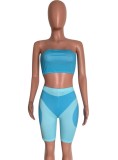 Summer Party Sexy Color Block Bandeau Top and Biker Shorts 2PC Set