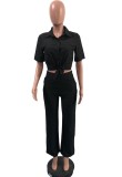 Summer Casual Black Blouse and Matching Pants 2PC Set