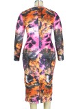 Autumn Plus Size Long Sleeve Tie Dye Midi Dress