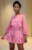 Autumn Casual Pink Long Sleeve Pleated Dress