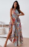 Summer Hawaii Print Halter Long Maxi Dress