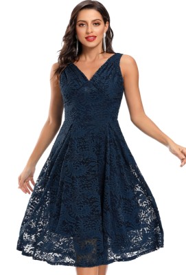 Summer Wedding Blue Lace Sleeveless V-Neck Bridesmaid Dress