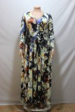 Autumn Plus Size Long Sleeve V-Neck Paints Long Maxi Dress