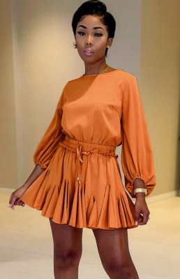 Autumn Casual Orange Long Sleeve Pleated Dress