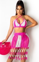 Summer Beach Color Block Knit Crochet Halter Crop Top and Fringe Skirt Set