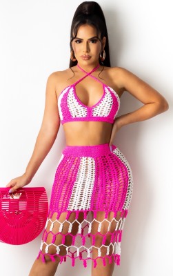 Summer Beach Color Block Knit Crochet Halter Crop Top and Fringe Skirt Set