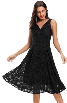 Summer Wedding Black Lace Sleeveless V-Neck Bridesmaid Dress