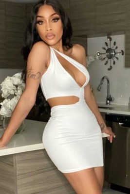 Summer Party White Sexy Cut Out One Shoulder Mini Bodycon Dress