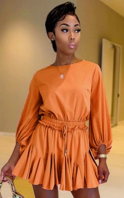 Autumn Casual Orange Long Sleeve Pleated Dress