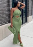 Summer Party Green Cut Out Front Slit Halter Long Dress
