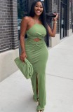 Summer Party Green Cut Out Front Slit Halter Long Dress