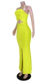 Summer Party Neon Green Cut Out Front Slit Halter Long Dress