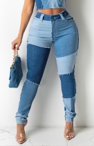 Summer Regular Color Block Patch Tight High Waist Jeans