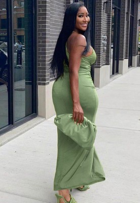 Summer Party Green Cut Out Front Slit Halter Long Dress