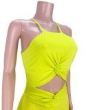 Summer Party Neon Green Cut Out Front Slit Halter Long Dress