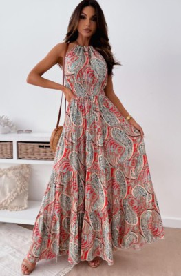 Summer Hawaii Print Halter Long Maxi Dress