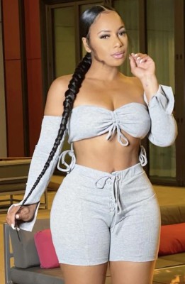 Summer Party Grey Strings Bandeau Top and High Waist Shorts Set