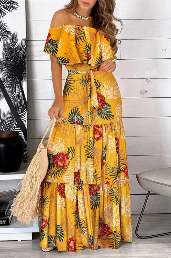 Summer Formal Off Shoulder Floral Long Dress with Belt