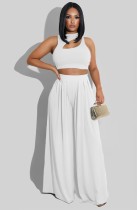Summer Party White Cut Out Crop Top and High Waist Wide Trouser Set