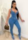 Summer Casual Light Blue Wide Strap Tight Denim Jumpsuit