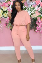 Summer Casual Pink Crop Top and Matching Pants 2PC Set