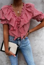 Summer Casual Red Plaid V-Neck Ruffle Shirt